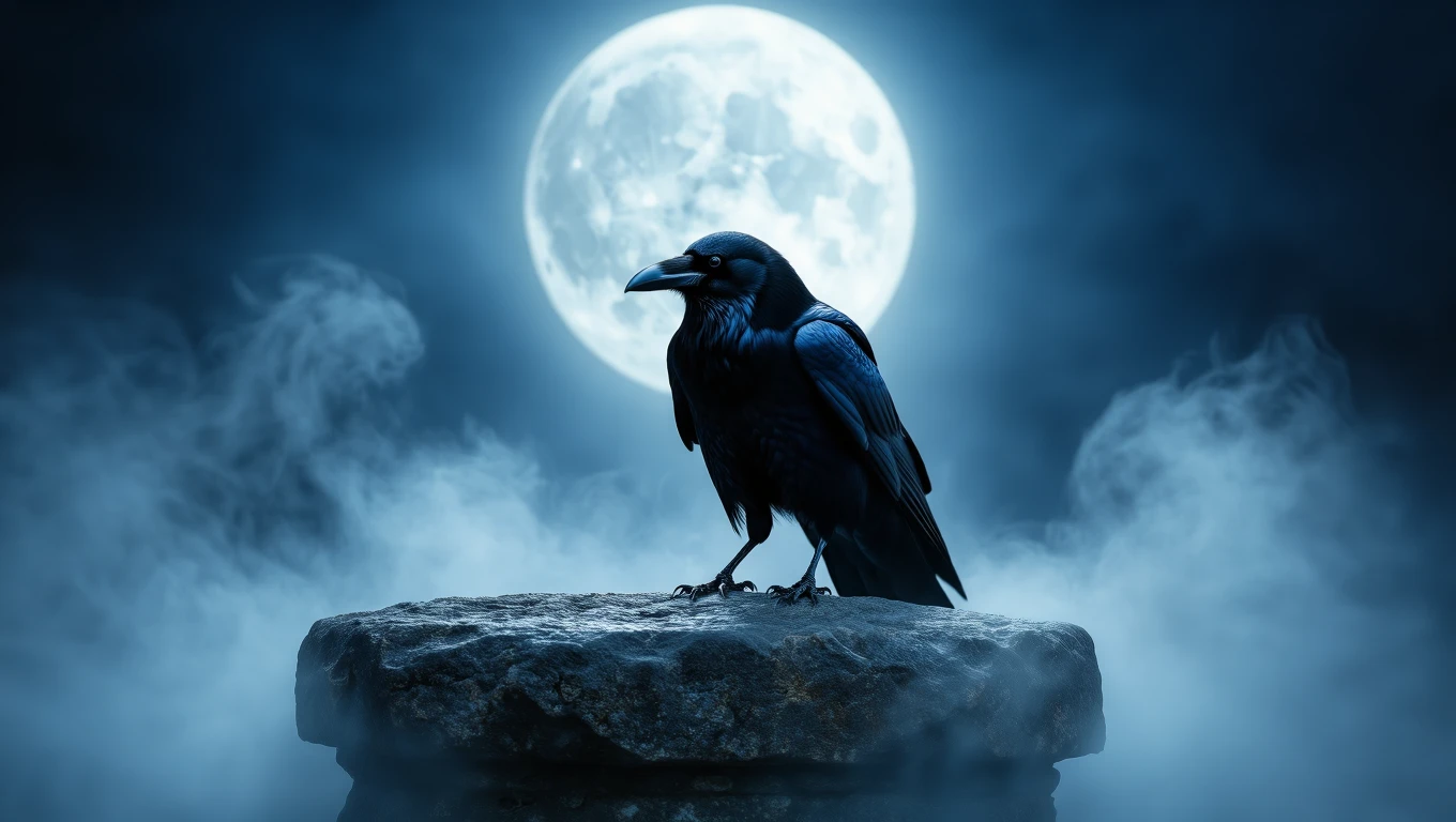 Ein schwarzer Rabe sitzt auf einem Stein vor einem vollen Mond, umgeben von Nebel.