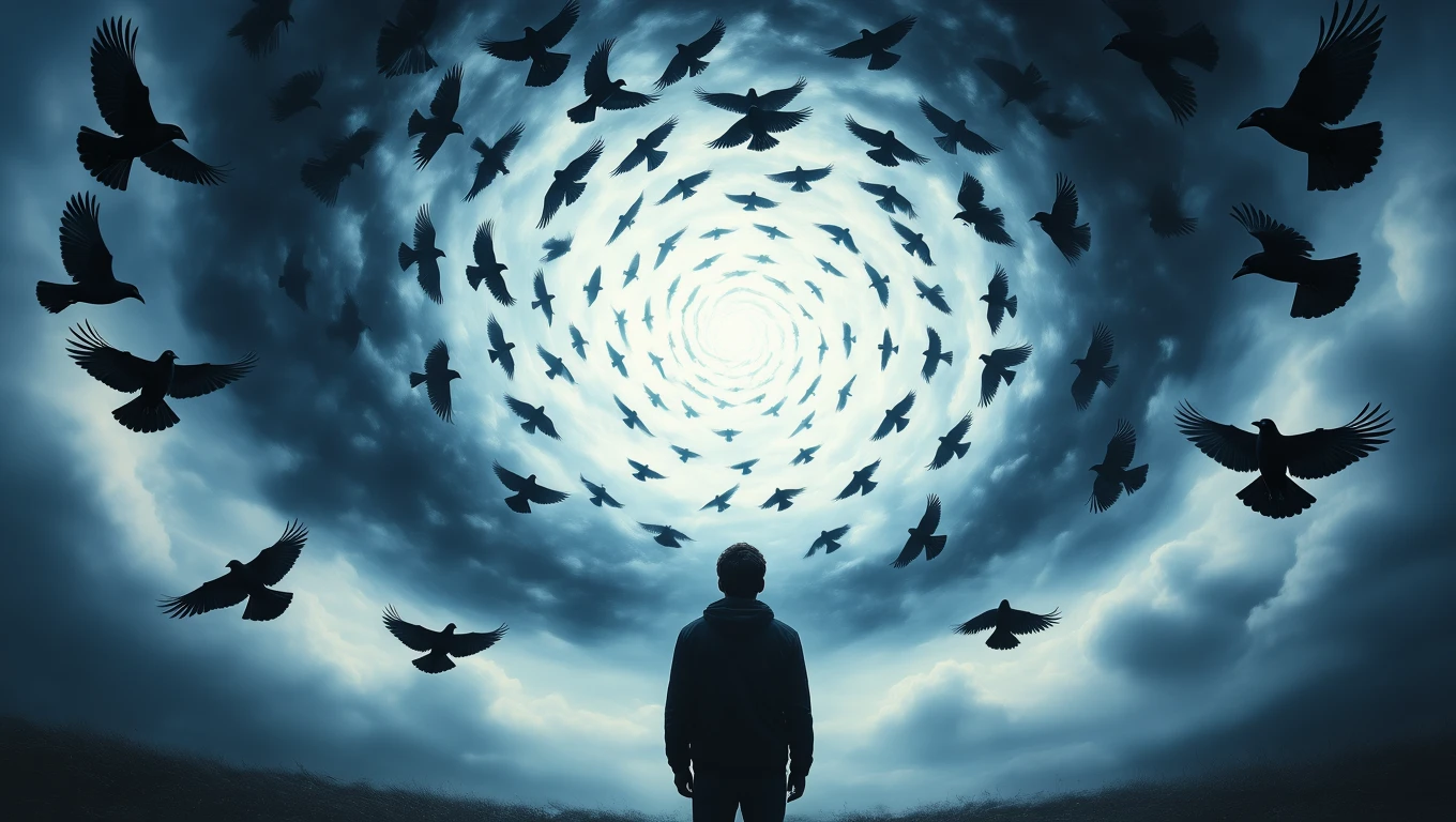 Ein Mensch steht unter einem spiralförmigen Himmel voller Raben, symbolisiert Transformation.