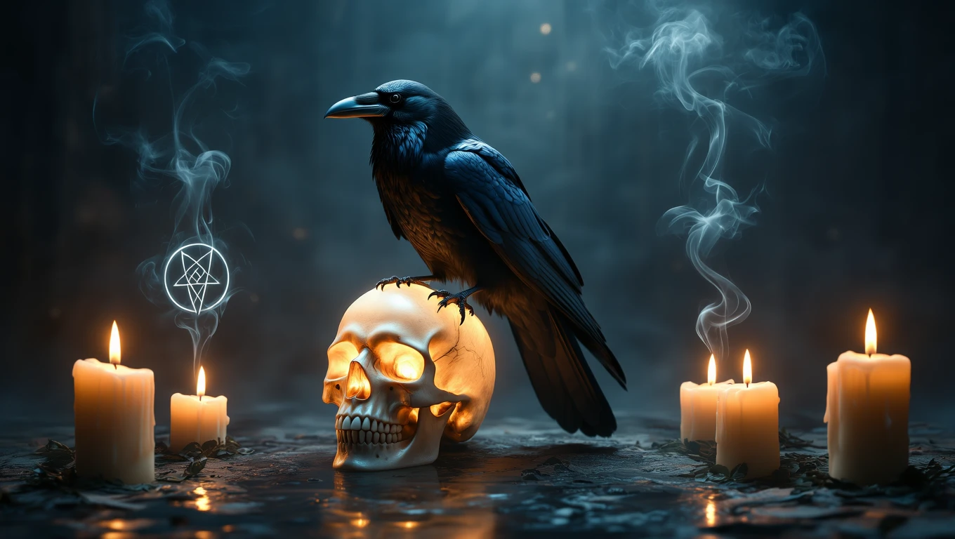 Ein schwarzer Rabe sitzt auf einem leuchtenden Schädel, umgeben von Kerzen.