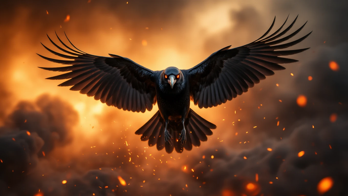Ein schwarzer Rabe mit leuchtenden Augen schwebt majestätisch durch einen feurigen Himmel.