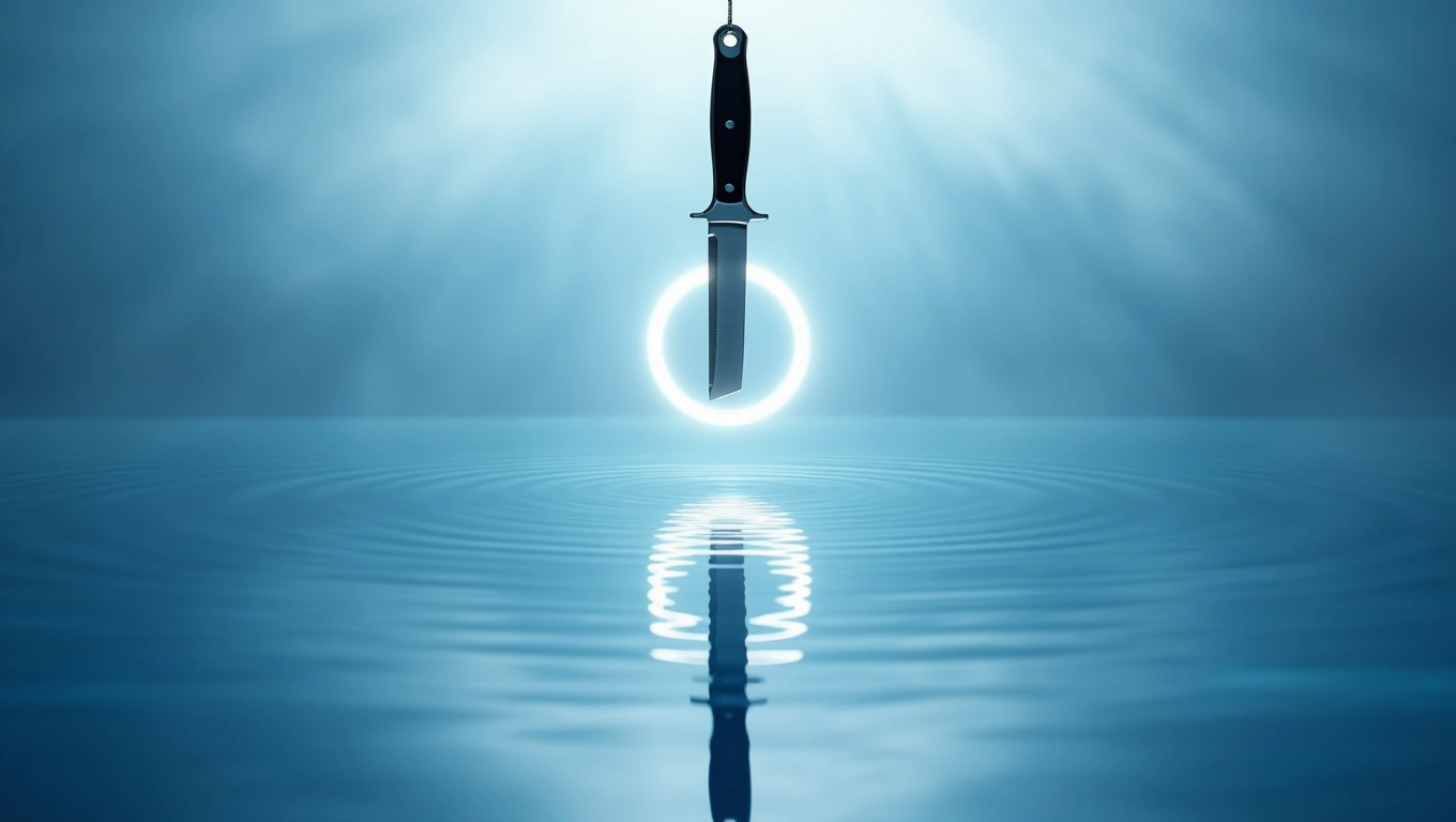 Ein Rasiermesser schwebt über ruhigem Wasser, umgeben von sanftem Licht.
