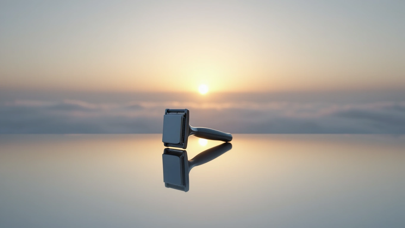Ein Rasiermesser steht auf einer reflektierenden Oberfläche bei Sonnenaufgang.