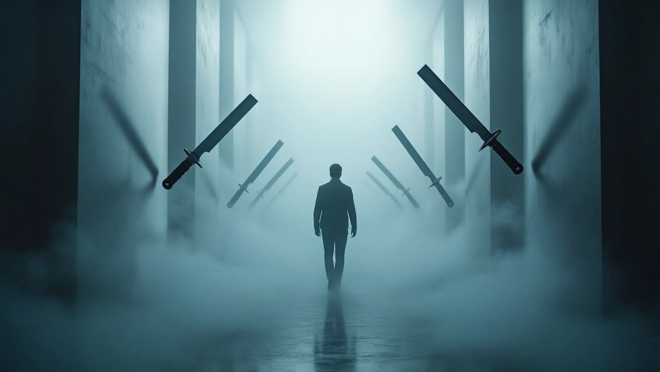 Ein Mann steht in einem nebligen Raum, umgeben von schwebenden Rasiermessern.