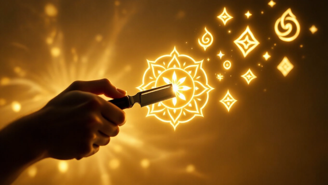Eine Hand hält ein Rasiermesser, das Licht und mystische Symbole ausstrahlt.
