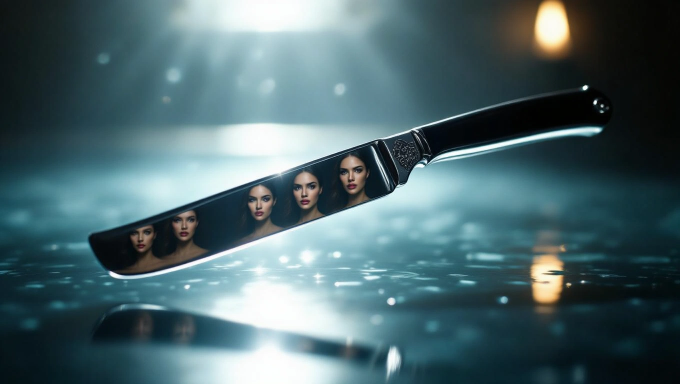 Ein Rasiermesser mit reflektierenden Gesichtern auf der Klinge, symbolisiert Klarheit.