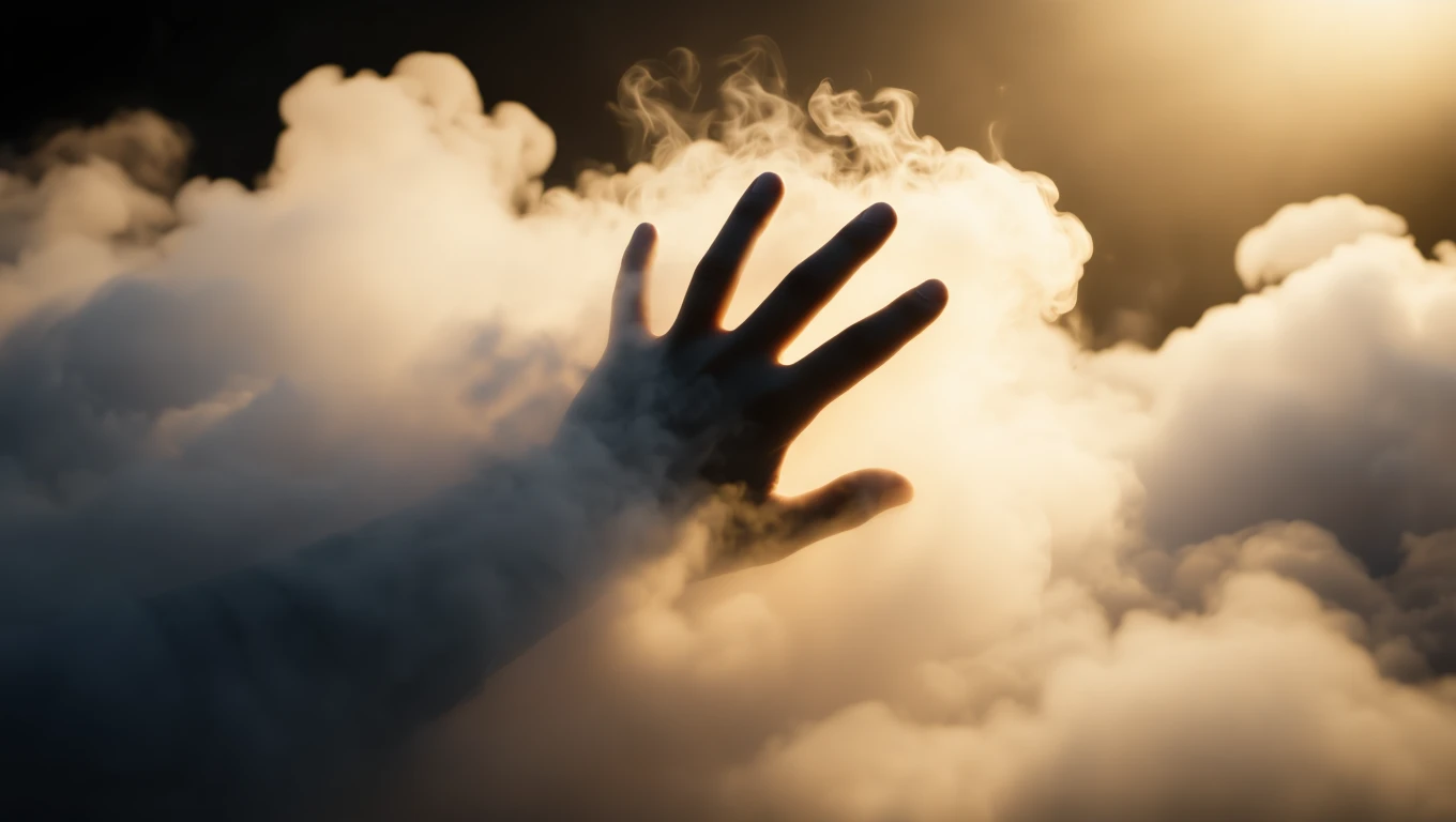 Eine Hand greift durch dichten Rauch, symbolisiert Veränderung und Transformation.