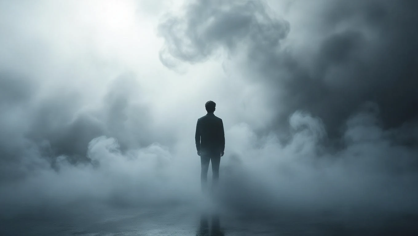 Eine Person steht in einem nebligen Raum, umgeben von Rauch und Schatten.