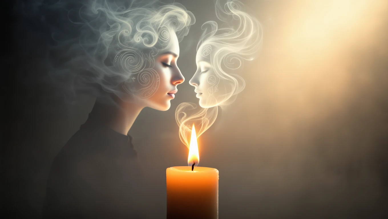 Eine Kerze brennt, während Rauch Gesichter und Spiralen formt, die Transformation symbolisieren.