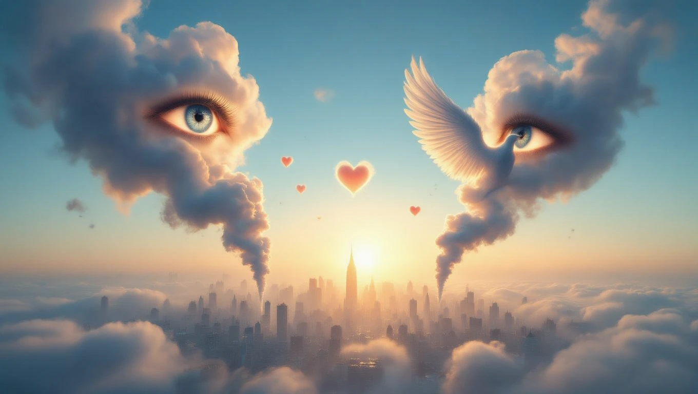 Eine surrealistische Darstellung von Rauch, Augen und einer Stadtlandschaft im Sonnenuntergang.