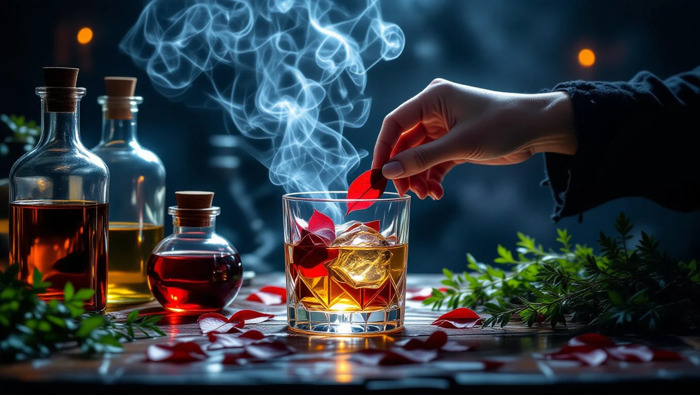 Ein Glas mit einem Getränk, dekoriert mit Blütenblättern und Rauch, umgeben von Flaschen.