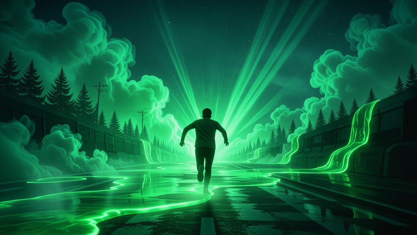 Ein Mann läuft durch eine surrealistische Landschaft mit grünem Licht und Nebel.