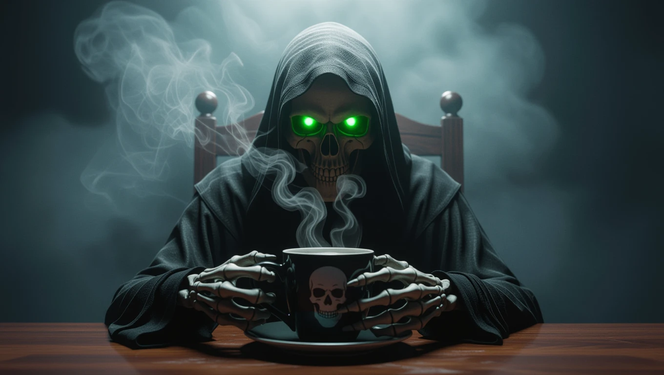 Ein Skelett in einer Kapuze sitzt vor einer dampfenden Tasse mit Totenkopf.