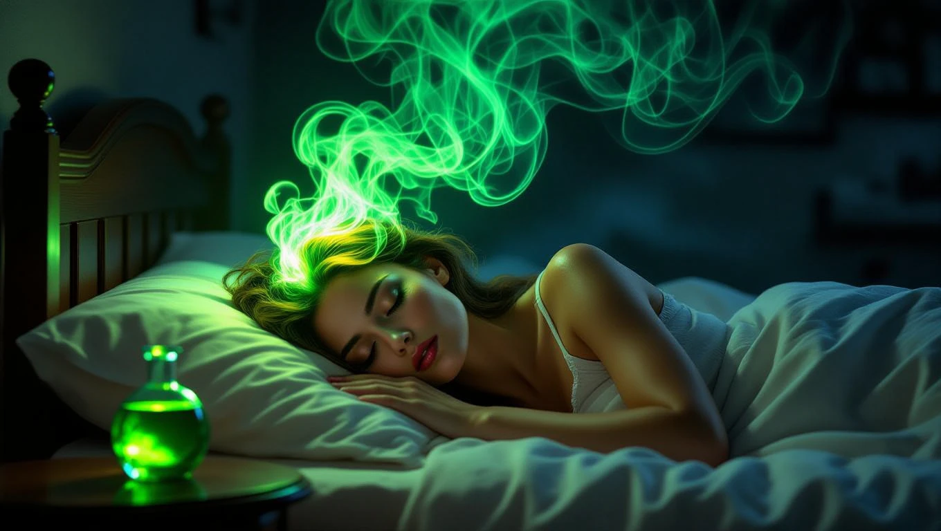 Eine schlafende Frau mit grünem Dampf, der aus ihrem Kopf aufsteigt.