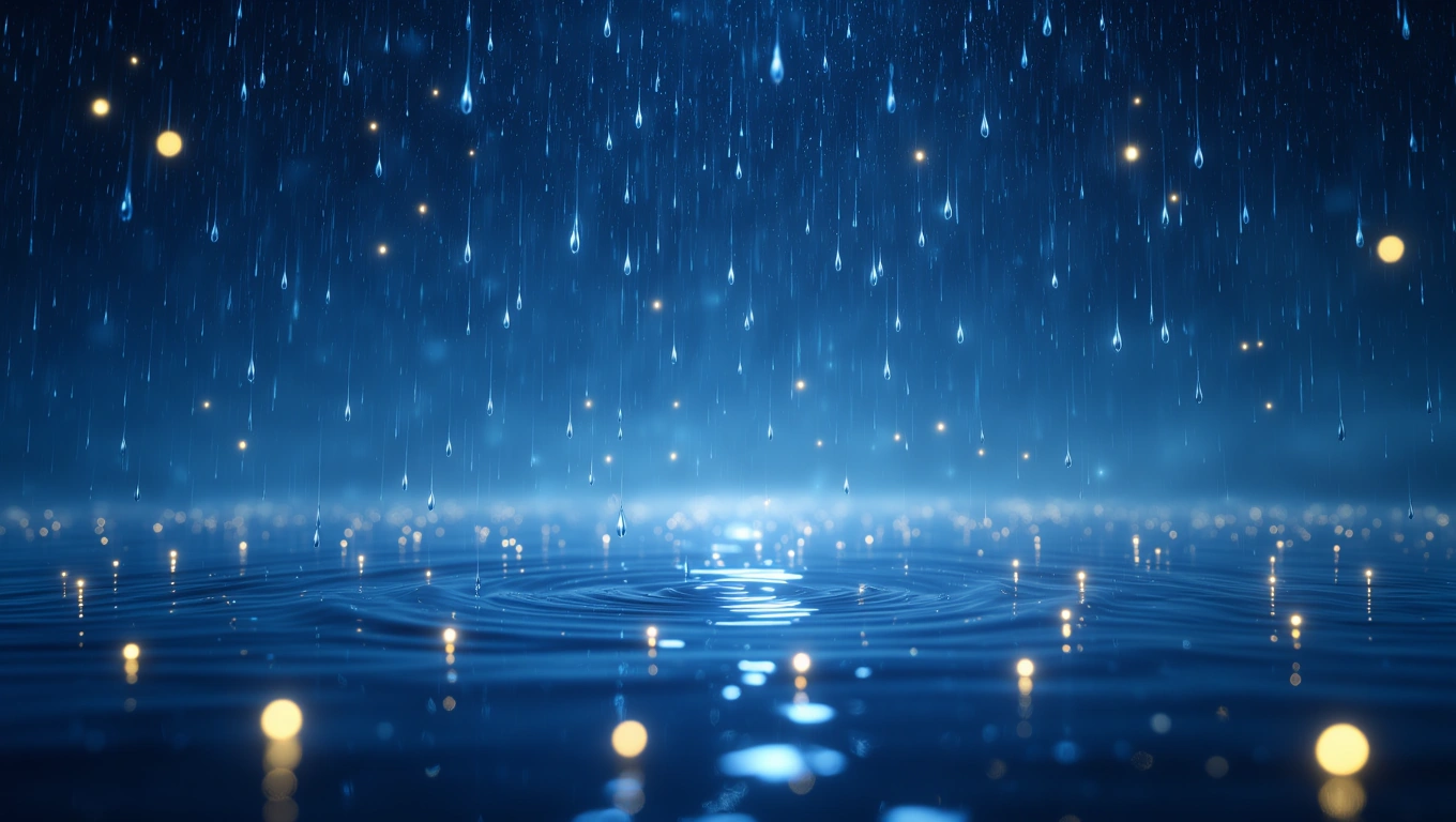 Sanfte Regentropfen fallen auf eine ruhige Wasseroberfläche mit Lichtreflexionen.