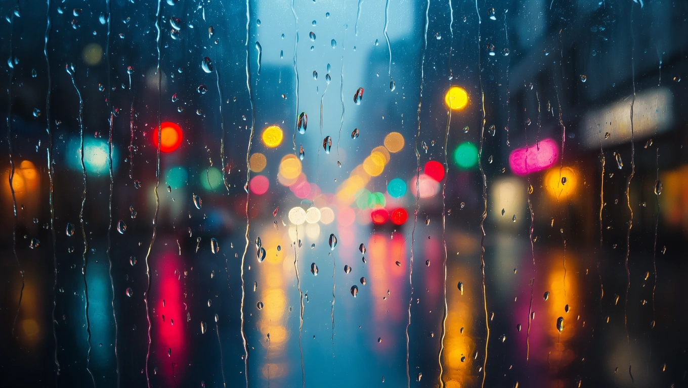 Regentropfen laufen an einem Fenster herunter, während bunte Lichter im Hintergrund verschwommen sind.
