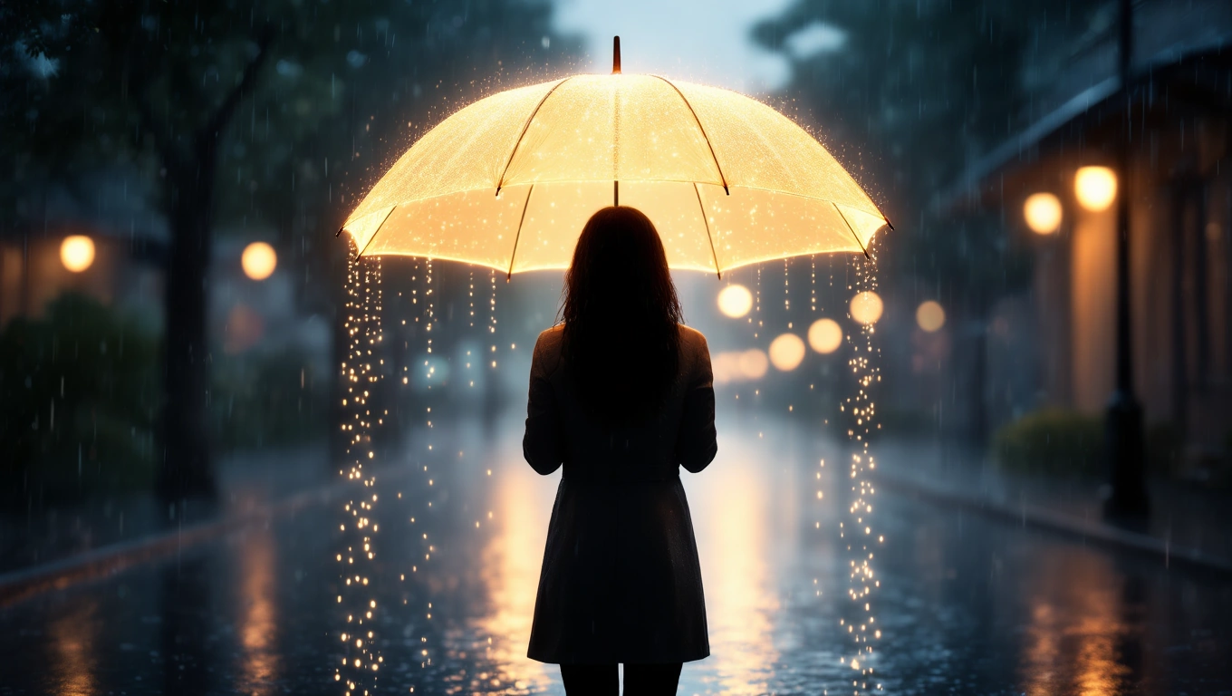 Eine Person steht unter einem leuchtenden Regenschirm im Regen.