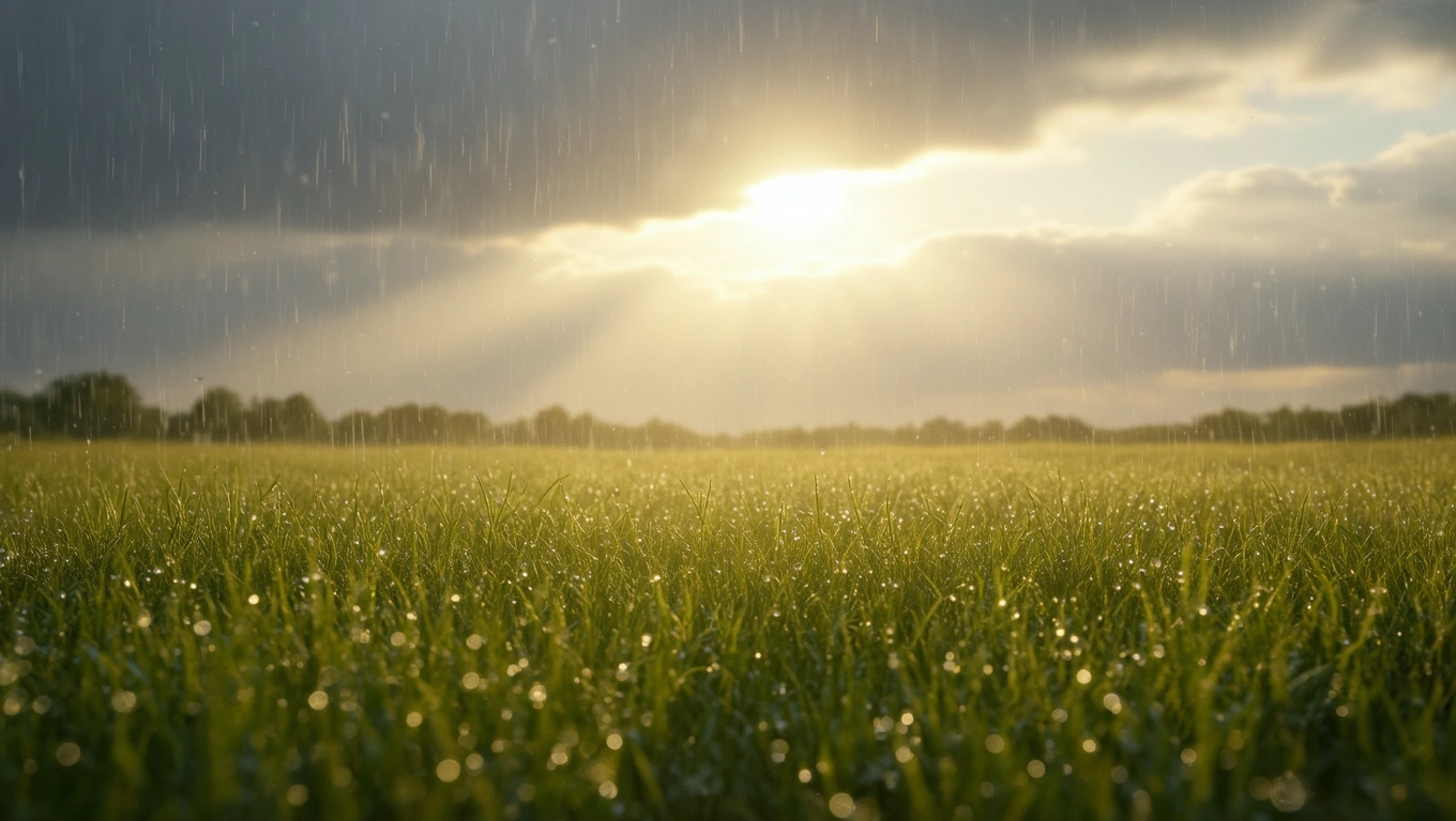 Ein Feld mit grünem Gras, während Regen fällt und die Sonne aufgeht.