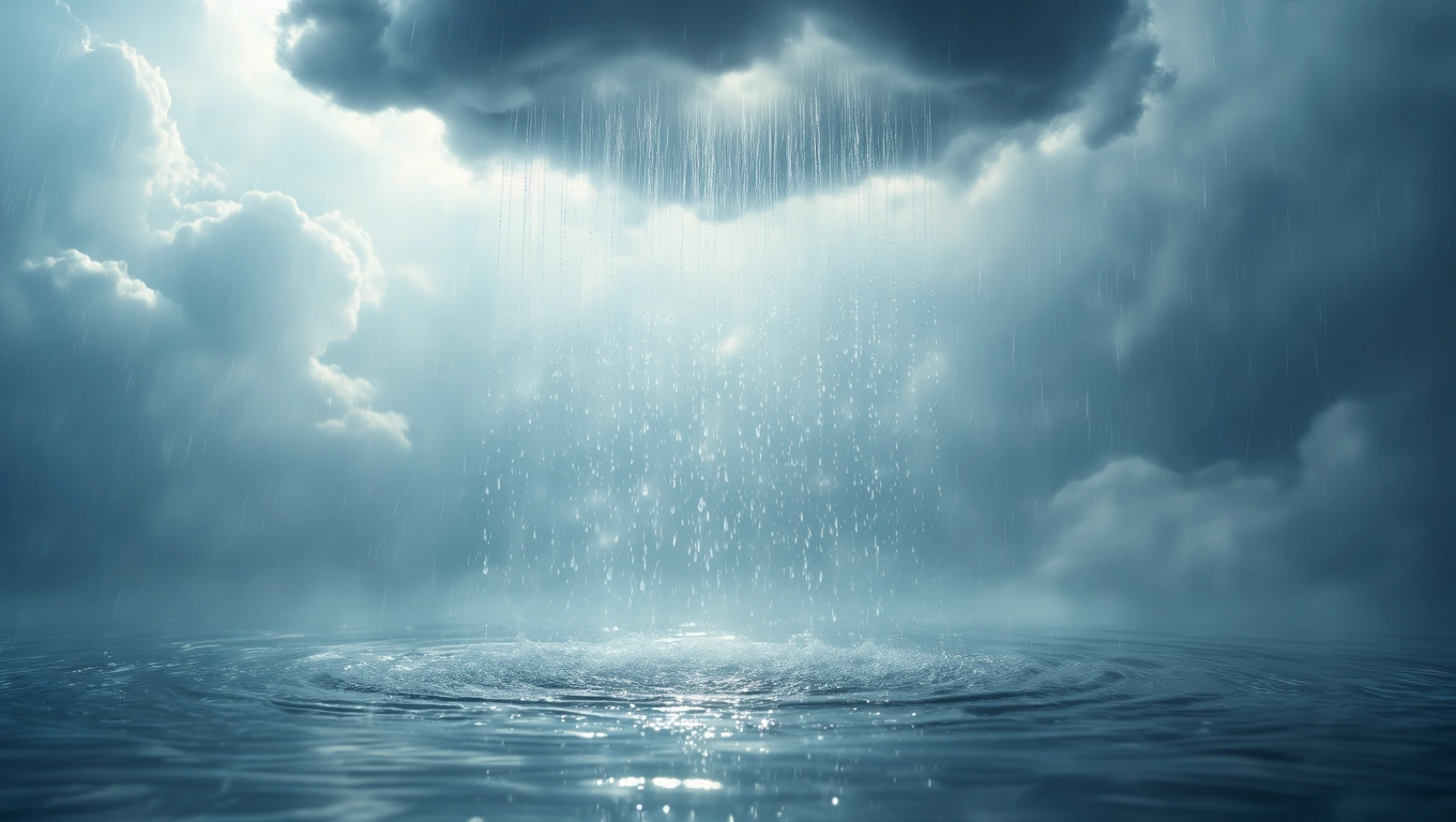 Ein sanfter Regen fällt auf eine ruhige Wasseroberfläche unter grauen Wolken.