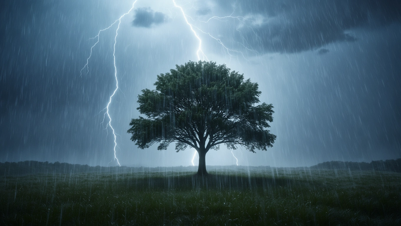 Ein einzelner Baum steht im Regen unter einem stürmischen Himmel mit Blitzen.