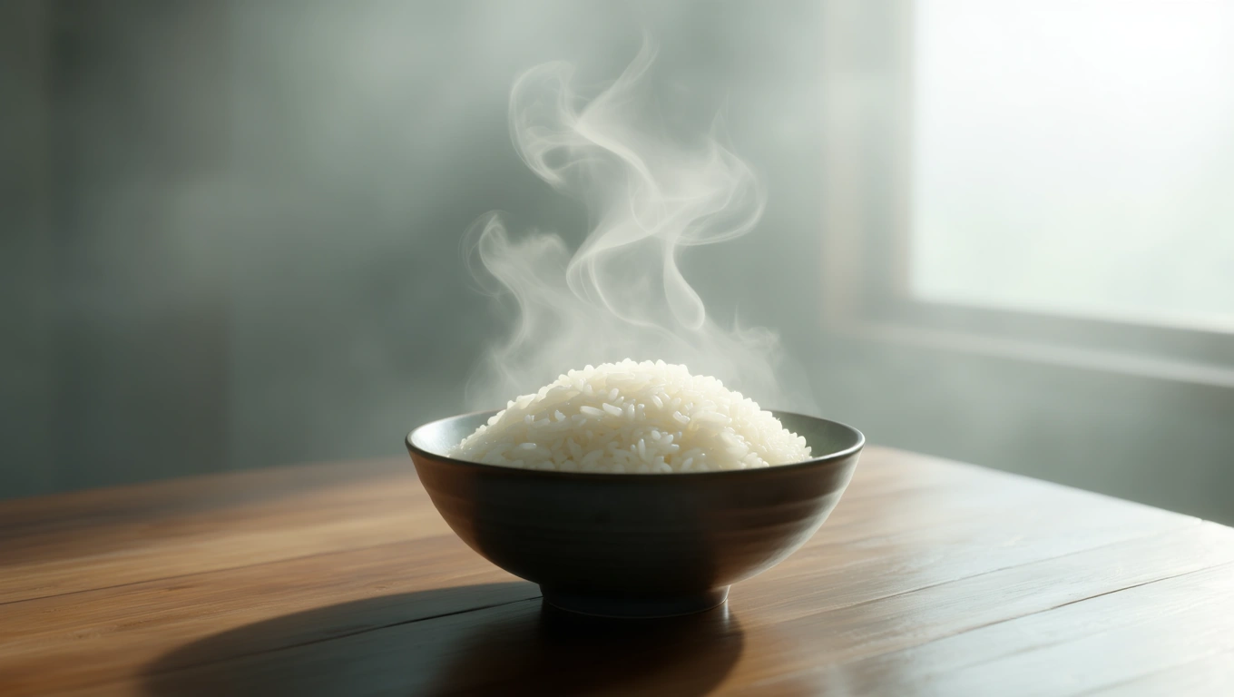 Eine dampfende Schüssel Reis auf einem Holztisch, symbolisiert Fülle und Zufriedenheit.
