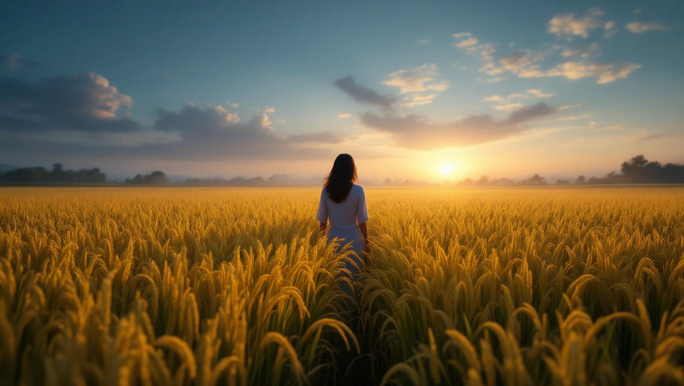 Eine Person steht in einem goldenen Reisfeld bei Sonnenuntergang.