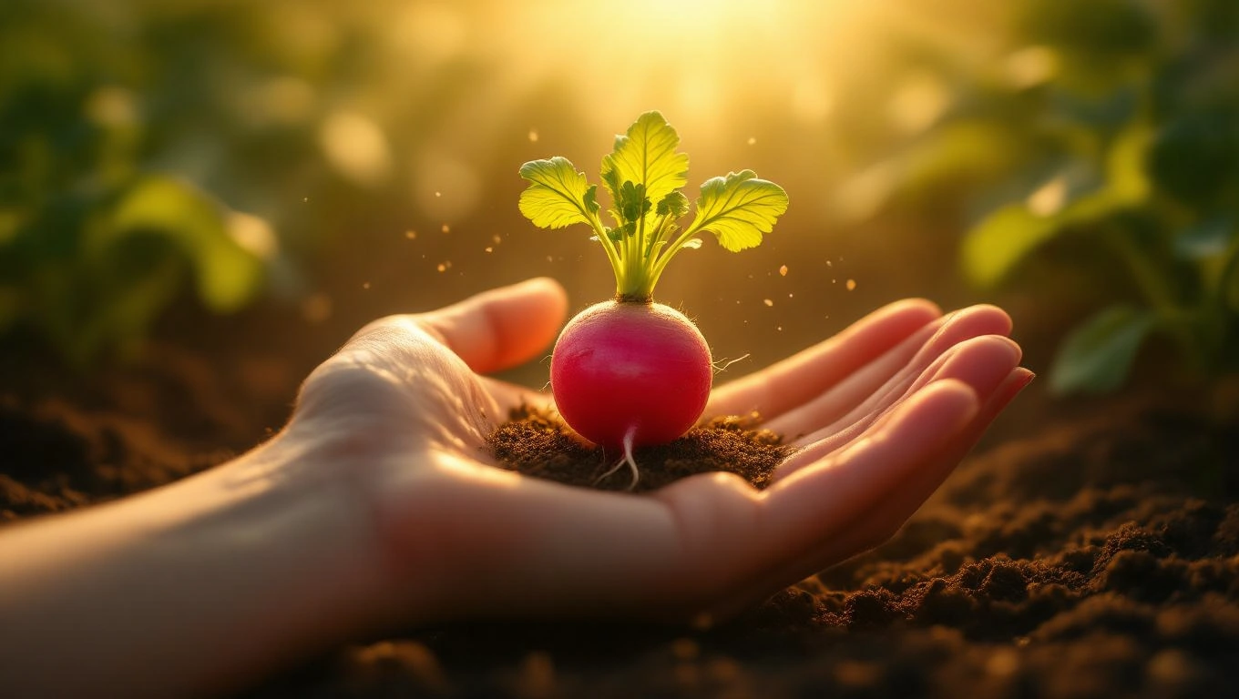 Eine Hand hält einen frischen Rettich, der in Erde gepflanzt ist, symbolisiert Wachstum.