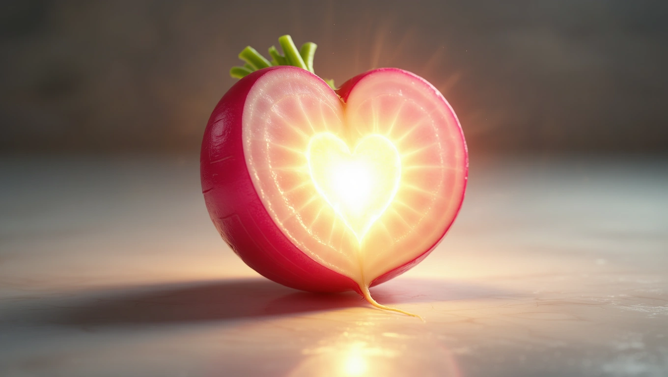 Ein halbierter Rettich mit leuchtendem Herzinneren, Symbol für Erneuerung.