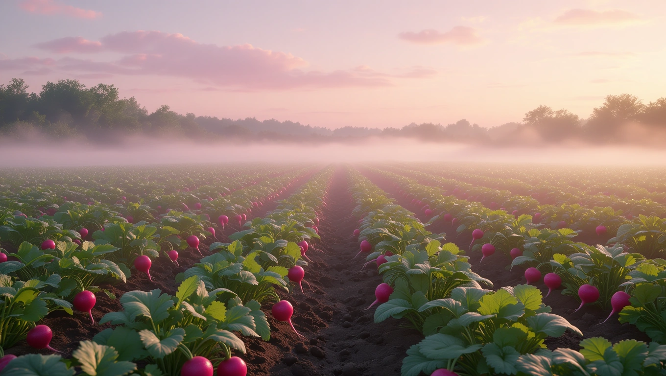 Ein Feld mit frischen, pinken Radieschen, umgeben von grünen Blättern und Nebel.