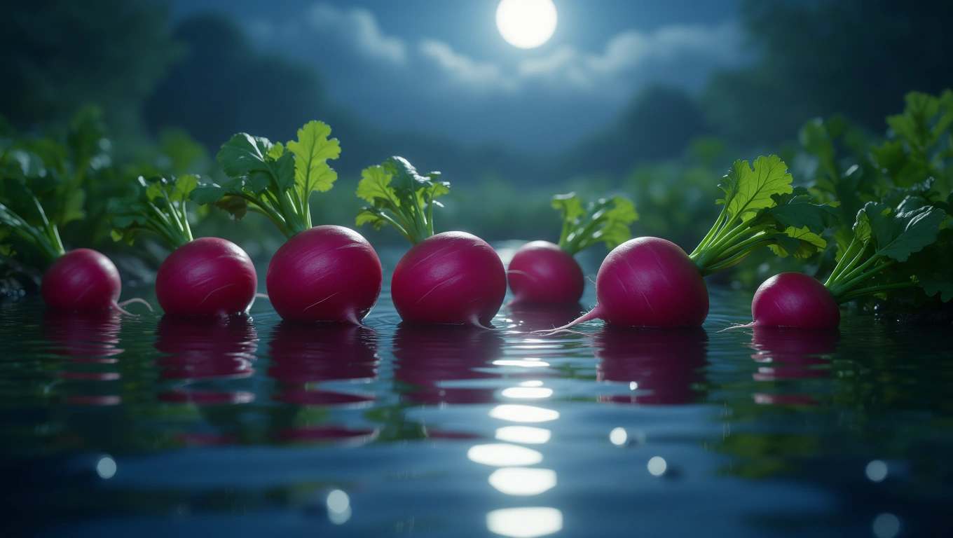 Eine Reihe von roten Radieschen, die im Wasser schwimmen, umgeben von grünen Blättern.