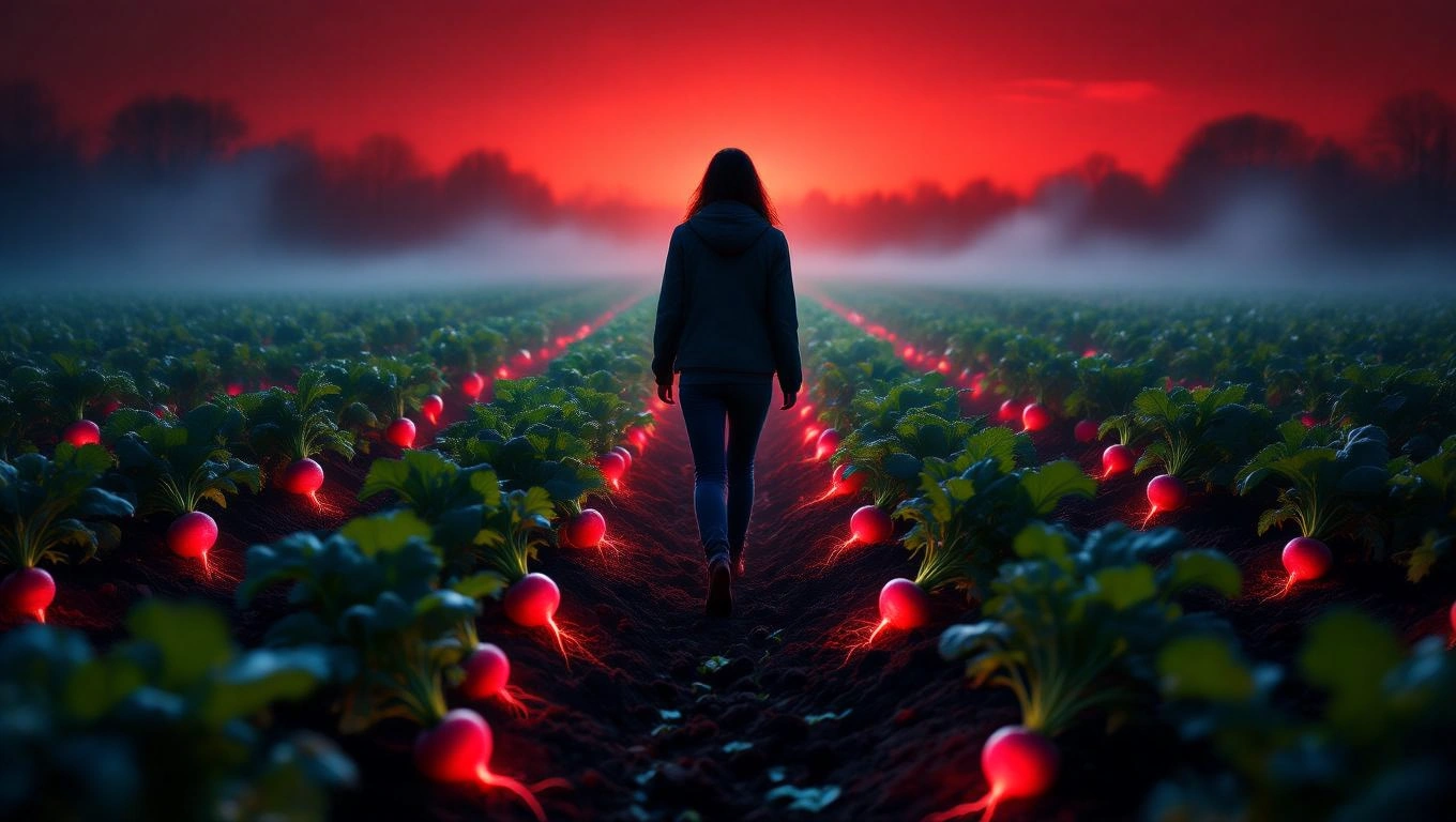 Eine Person geht durch ein Feld voller leuchtender Radieschen bei Sonnenuntergang.