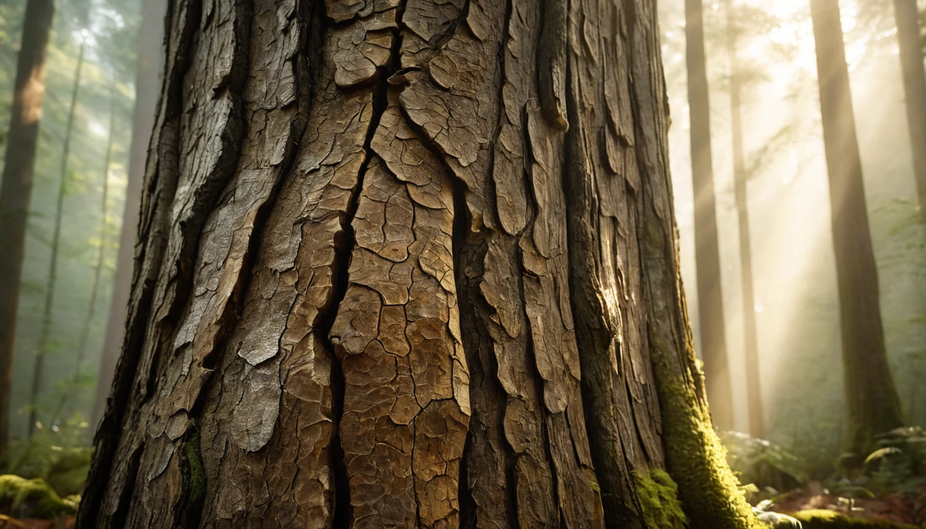 Nahaufnahme von Baumrinde mit strukturierten Mustern im Sonnenlicht.