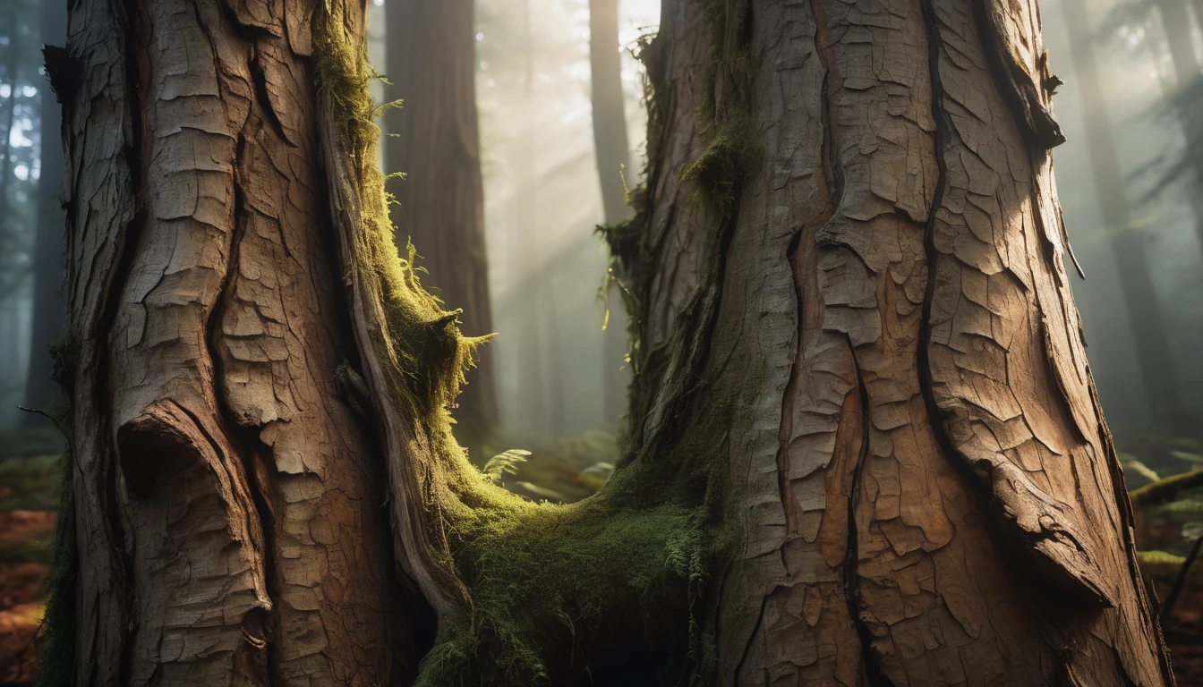 Nahaufnahme von Baumrinde mit Moos, umgeben von sanftem Licht im Wald.