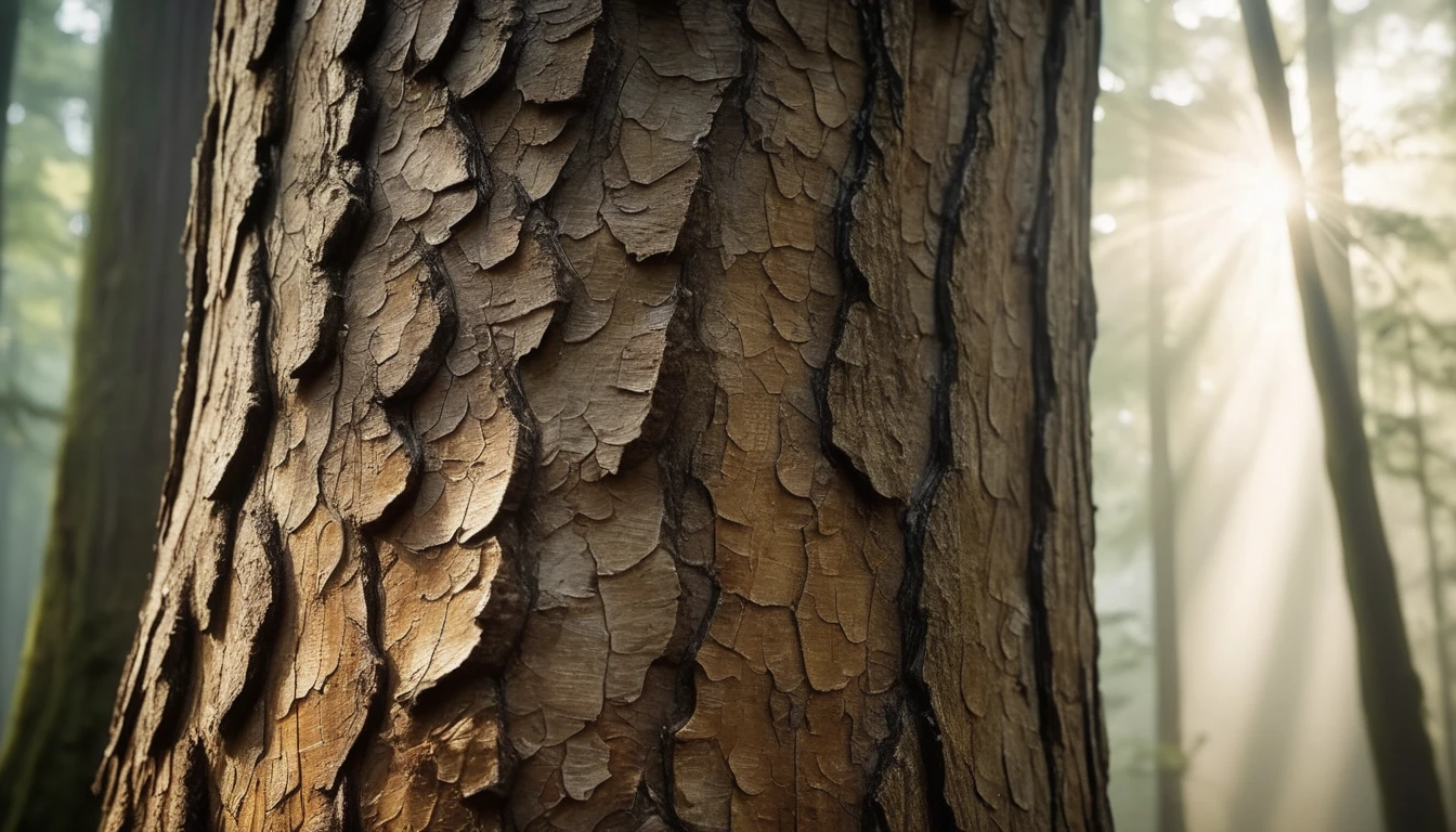 Nahaufnahme von Baumrinde mit strukturierten Mustern und sanftem Licht.