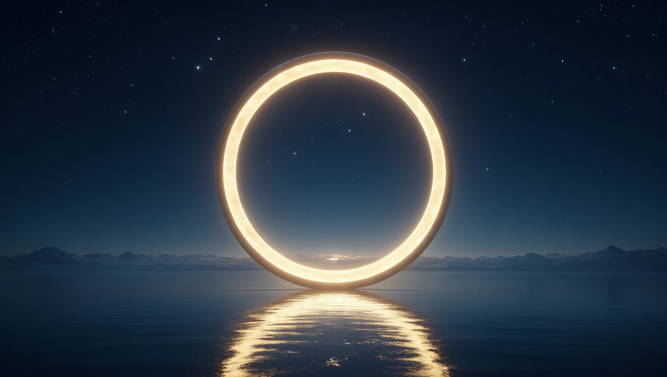 Ein leuchtender Ring schwebt über ruhigem Wasser unter einem sternenklaren Himmel.