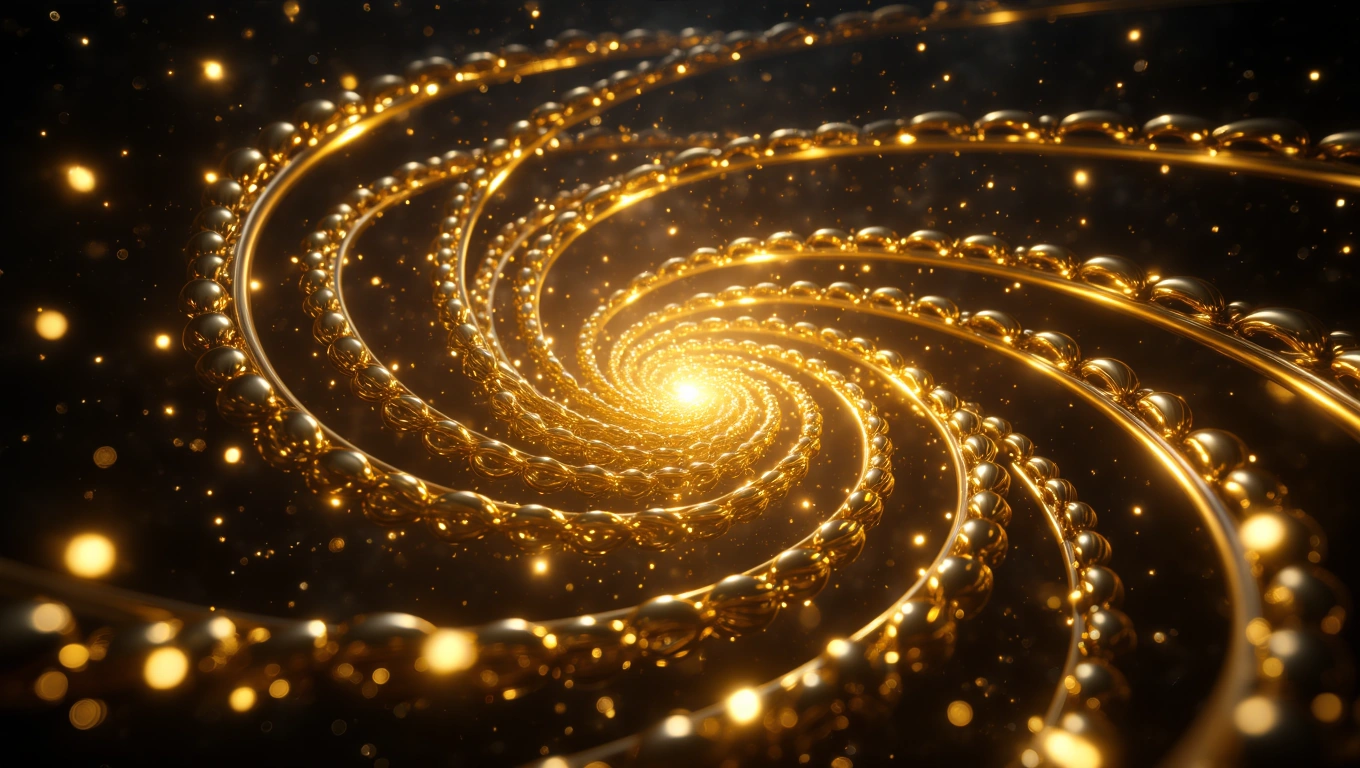 Ein spiralförmiger Ring aus goldenen Kugeln, der Licht reflektiert und eine mystische Atmosphäre schafft.