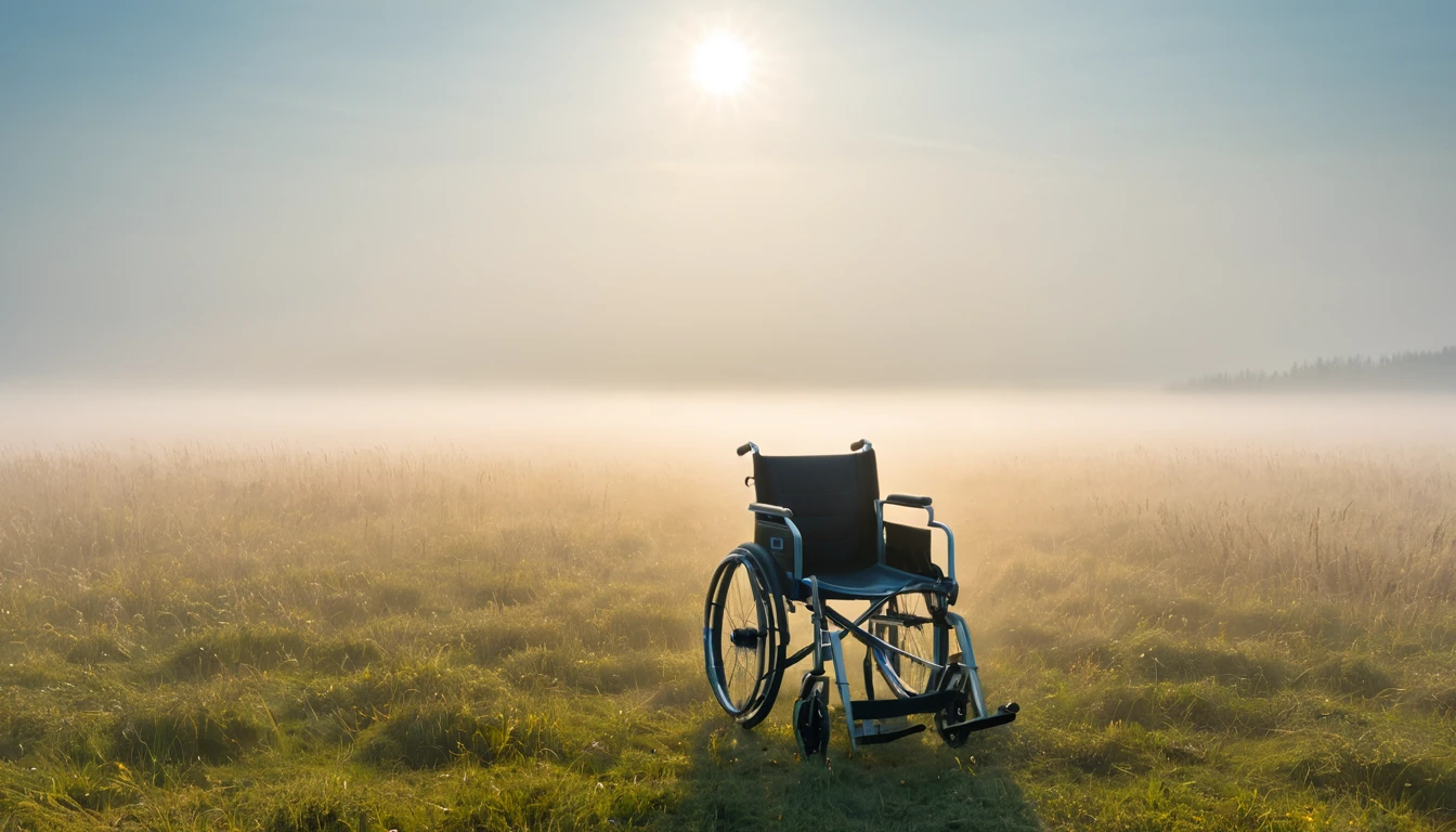 Ein Rollstuhl steht allein in einem nebligen Feld unter der Sonne.