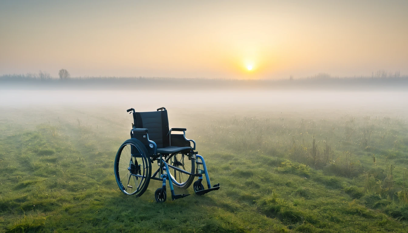 Ein Rollstuhl steht einsam auf einer nebligen Wiese bei Sonnenaufgang.