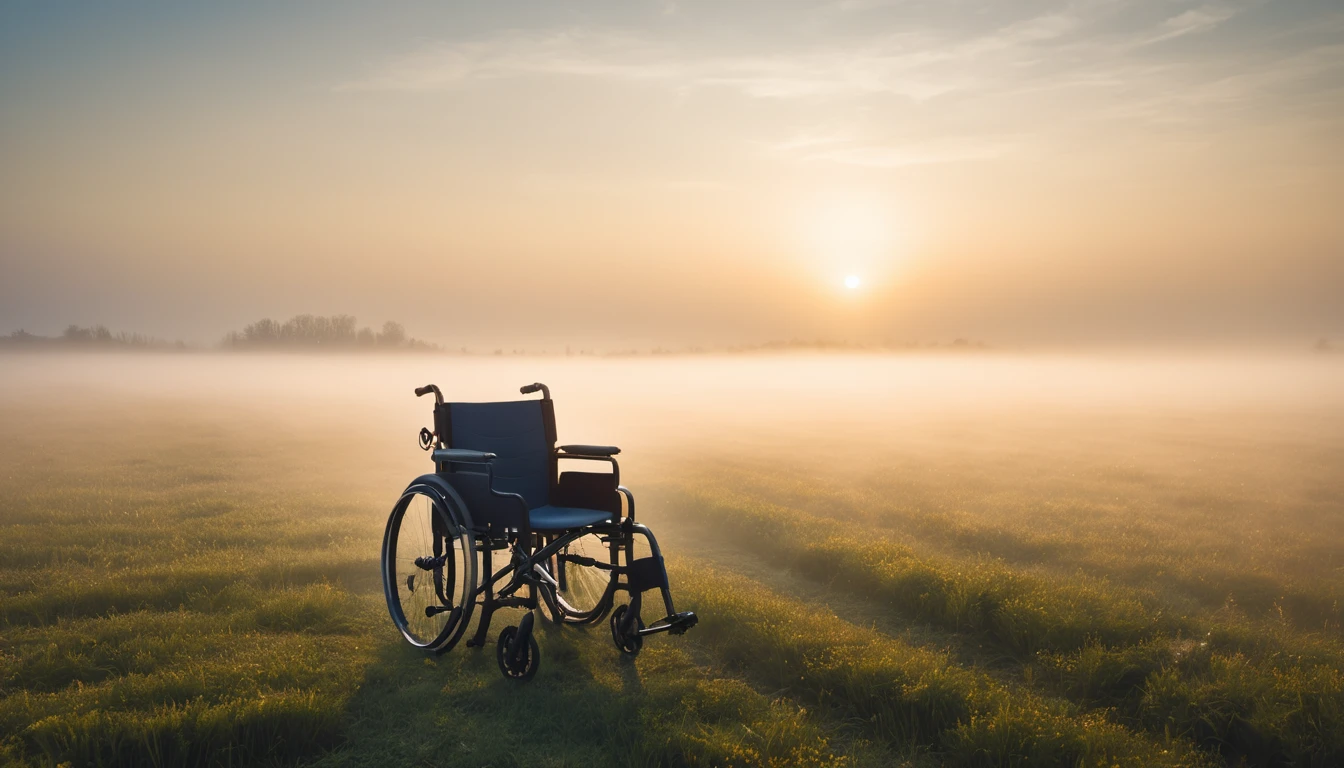 Ein Rollstuhl steht einsam in einem nebligen Feld bei Sonnenaufgang.