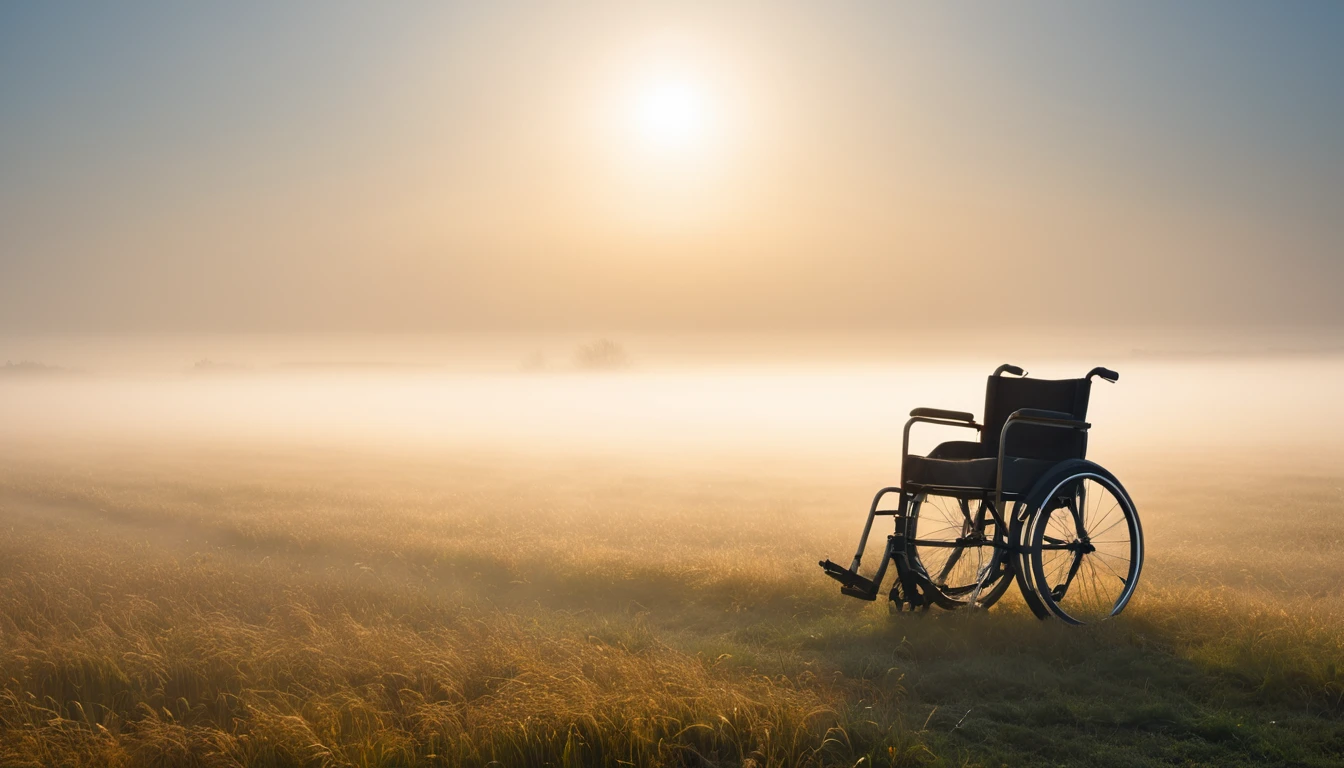 Ein Rollstuhl steht allein in einem nebligen Feld bei Sonnenaufgang.