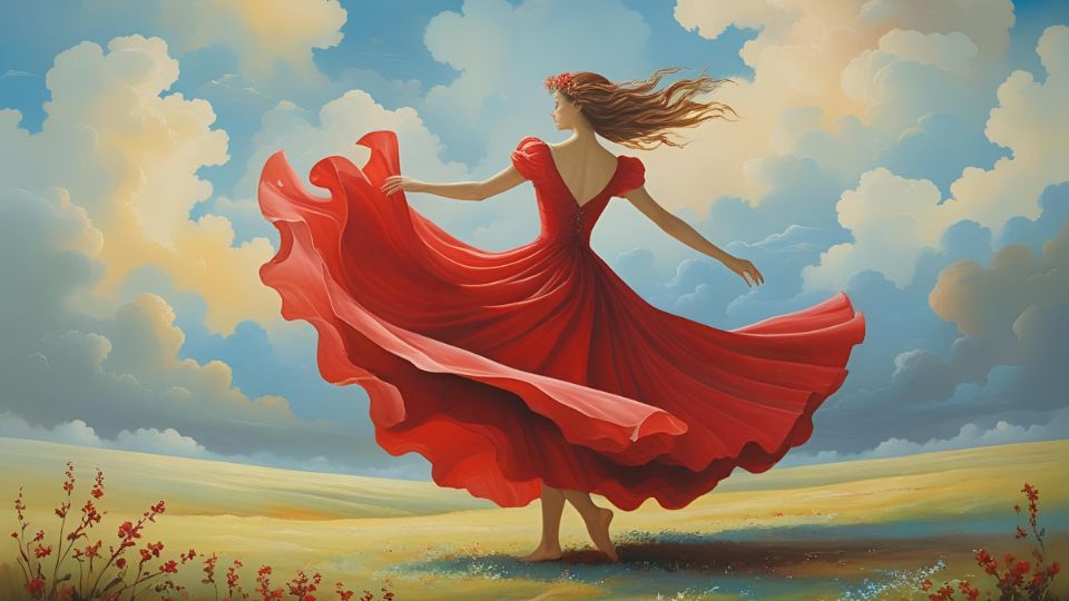Eine Frau in einem roten Kleid tanzt unter einem blauen Himmel mit Wolken.