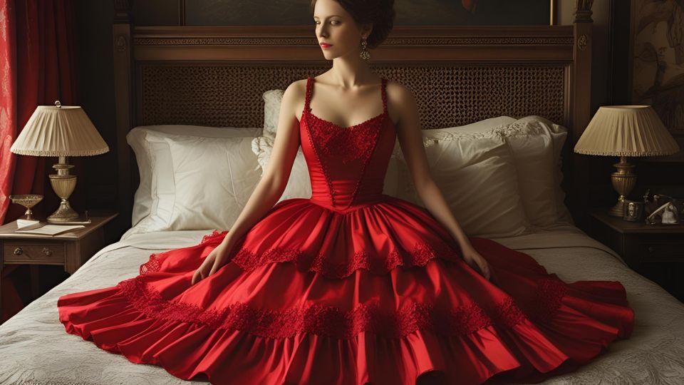 Eine Frau in einem eleganten roten Kleid sitzt auf einem Bett.