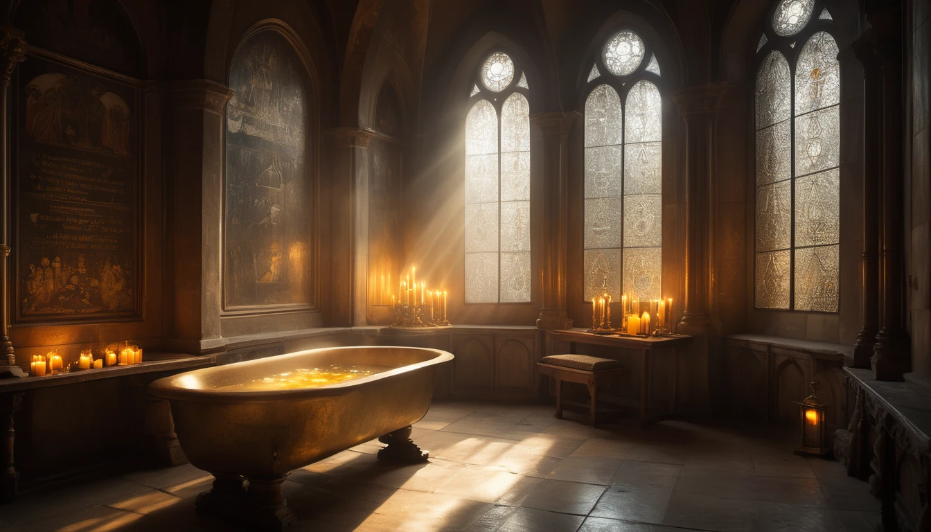 Ein sakraler Raum mit einem goldenen Bad und Kerzenlicht, das eine mystische Atmosphäre schafft.