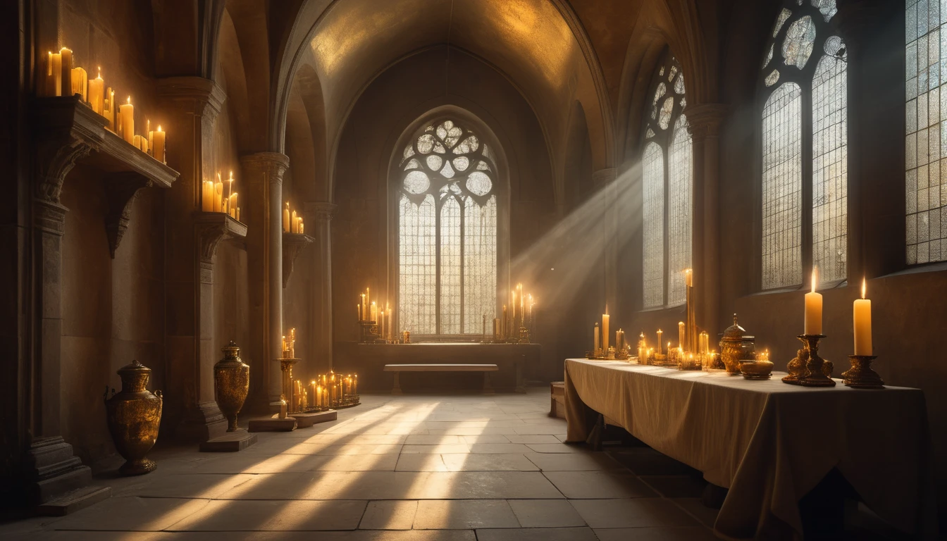Ein ruhiger Sakristeiraum mit Kerzen und goldenen Gefäßen, die spirituelle Atmosphäre schaffen.