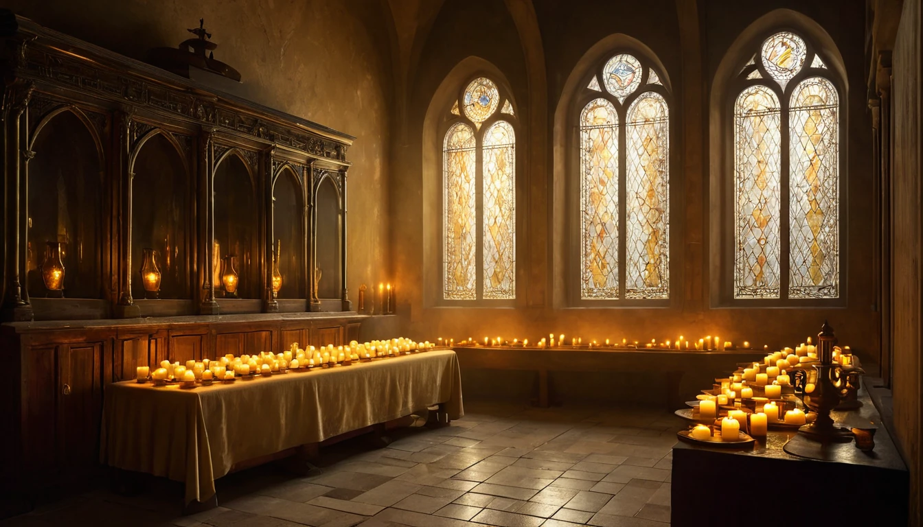 Ein ruhiger Sakristierraum mit Kerzen und bunten Fenstern.