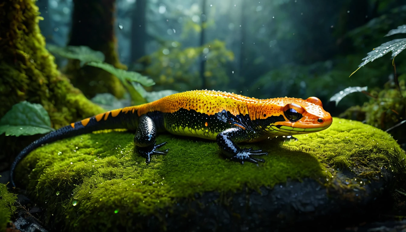 Ein Salamander mit leuchtend orangefarbenem und schwarzem Muster auf moosbedecktem Stein.