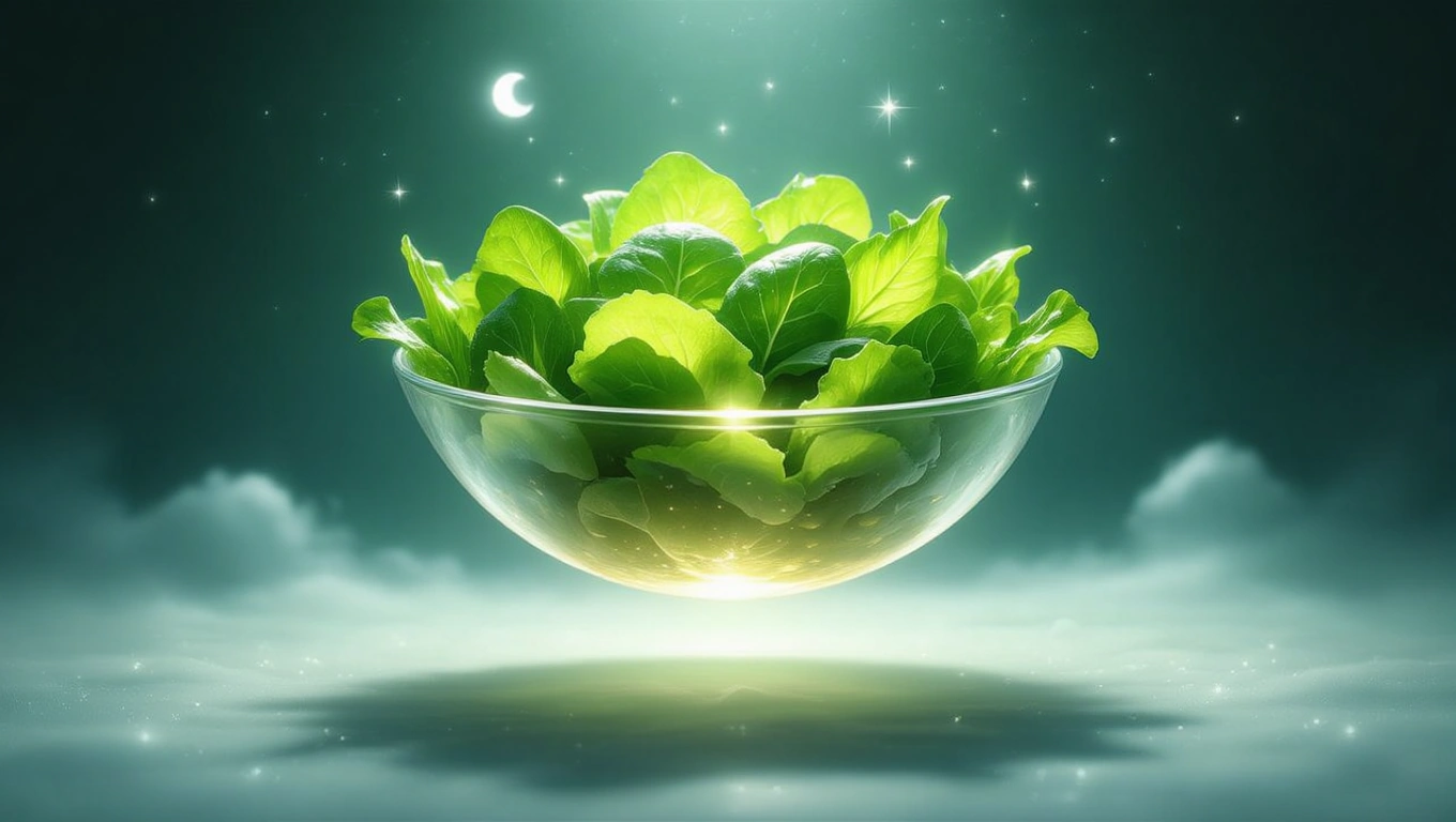 Eine Schüssel frischer Salat schwebt in einem traumhaften, mystischen Licht.