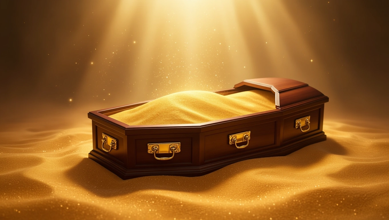 Ein Sarg mit goldenem Sand, der Transformation und Neubeginn symbolisiert.
