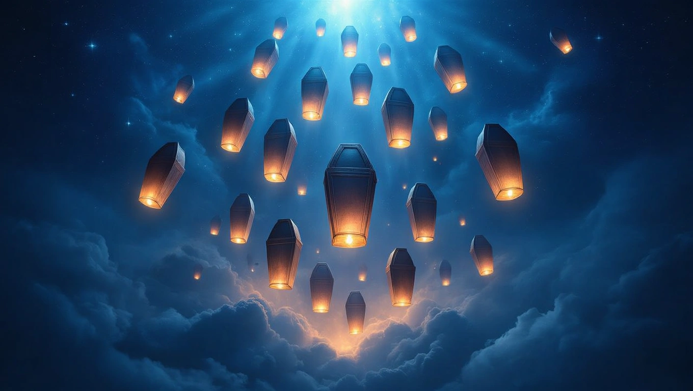 Eine Gruppe von leuchtenden Särgen schwebt durch einen dunklen, mystischen Himmel.