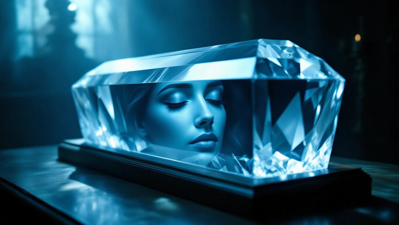 Ein gläserner Sarg mit einer schlafenden Frau, der Transformation symbolisiert.