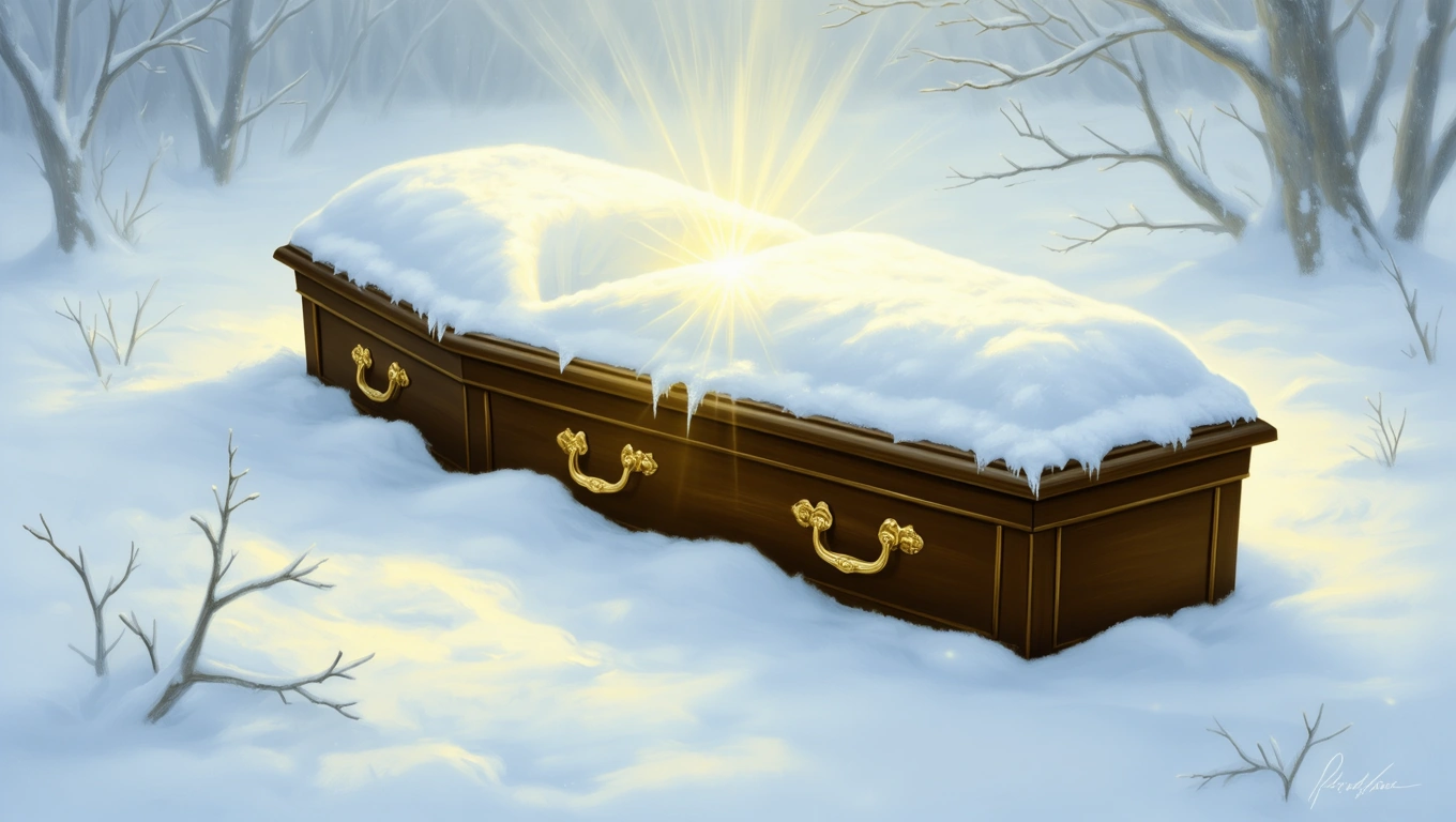 Ein Sarg liegt im Schnee, umgeben von frostigen Bäumen und einem strahlenden Licht.